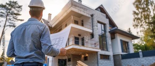 Wallpaper Mural Architect reviewing blueprints in front of a new home construction. Torontodigital.ca