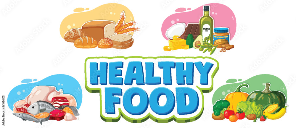 Various healthy food groups in colorful illustrations Various healthy food groups in colorful illustrations
