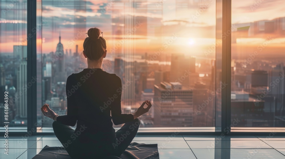 Businesswoman practicing mindfulness in a high-rise office, overlooking the cityscape, to escape the hectic corporate life Businesswoman practicing mindfulness in a high-rise office, overlooking the cityscape, to escape the hectic corporate life