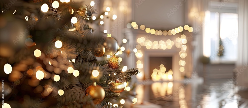 Blurred view of festive interior with Christmas tree and decorative fireplace. Copy space image. Place for adding text and design Blurred view of festive interior with Christmas tree and decorative fireplace. Copy space image. Place for adding text and design