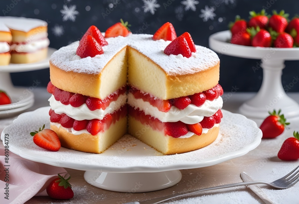 Fruit sponge cake layered with cream cream and strawberry filling, decorated with strawberries