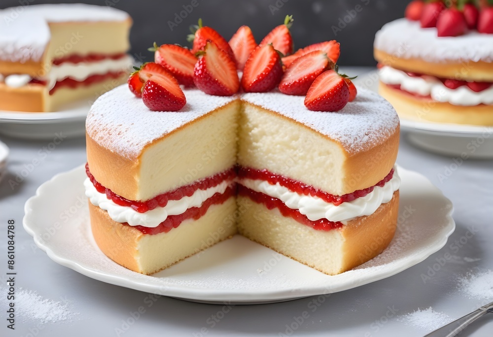 Fruit sponge cake layered with cream cream and strawberry filling, decorated with strawberries Fruit sponge cake layered with cream cream and strawberry filling, decorated with strawberries