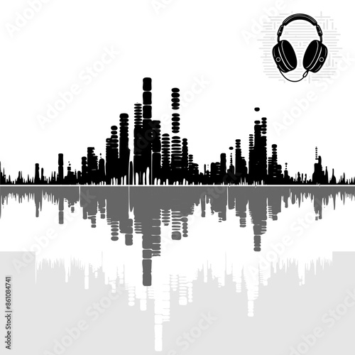 A cityscape of skyscrapers with a reflection in a river from the audio soundtrack, and headphones in the shape of the moon. Vector image