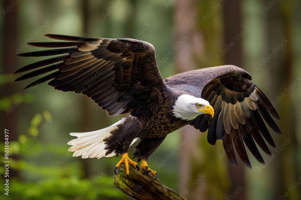 Fototapeta premium Majestic bald eagle perched on branch spreading its powerful wings