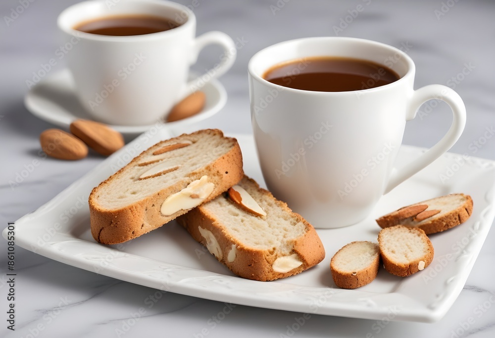 Almond biscotti, cantucci, on a white plate with a white cup Almond biscotti, cantucci, on a white plate with a white cup