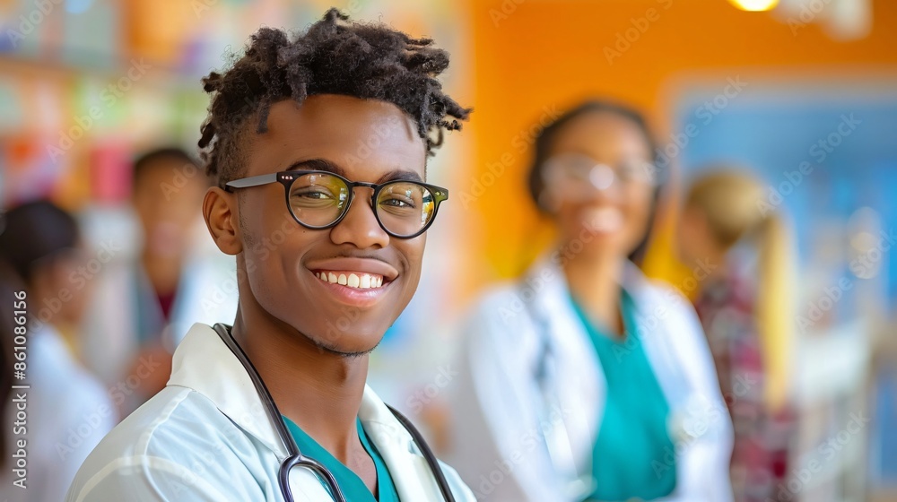 Young confident medical student smiling with colleagues working in background Young confident medical student smiling with colleagues working in background