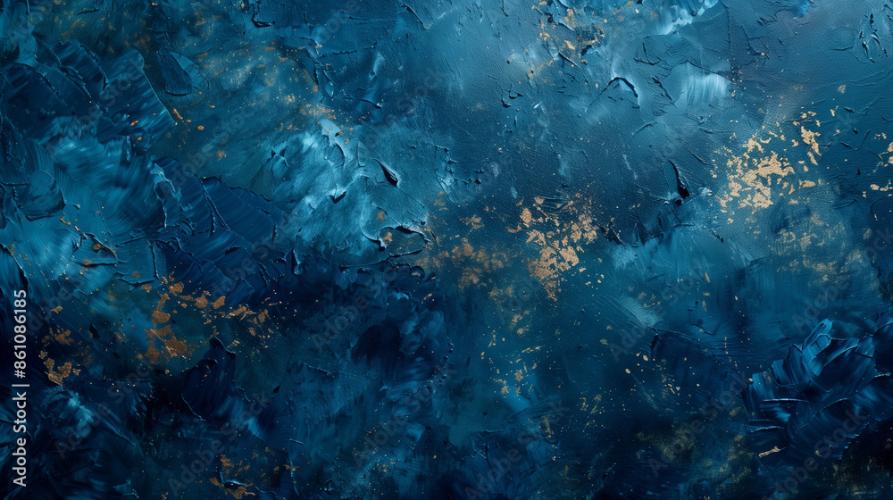 Naklejka premium Abstract luxury elegant texture wall. Deep blue color, Gold glitters background. Golden elements and particles. Horizontal template poster invitation flyer banner email header. Generative Ai content