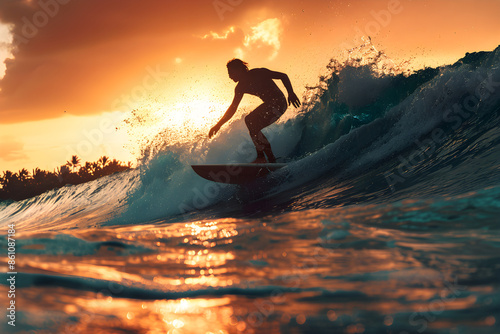 Surfer reitet eine schöne Welle im Sonnenuntergang, Wellensurfer, Sport, erstellt mit generativer KI photo
