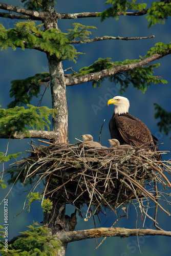 Bald eagle guarding young eaglets in nest