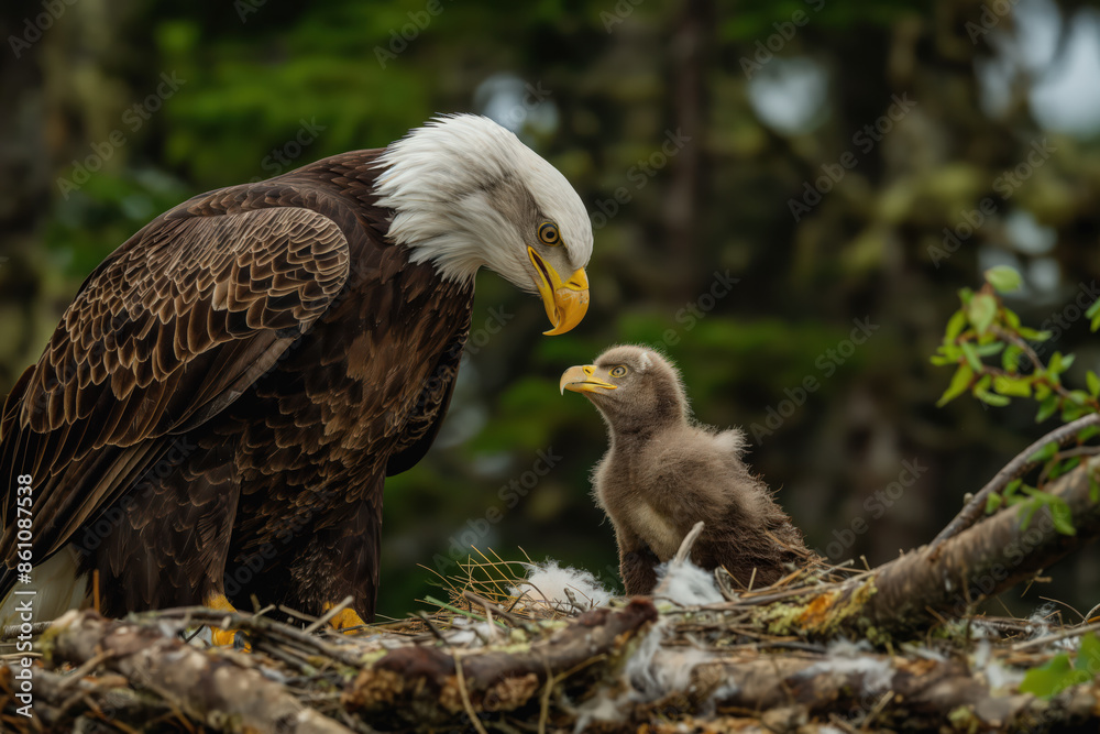 Fototapeta premium Adult bald eagle caring for its young chick in nest