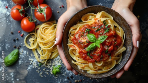 Hands holding a bowl of pasta with tomato sauce, topped with basil, surrounded by fresh tomatoes and ingredients on a dark background.