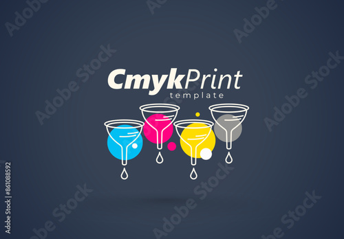 Logo polygraphy cmyk theme. Ink drops and watering can. Template design vector. Black background.