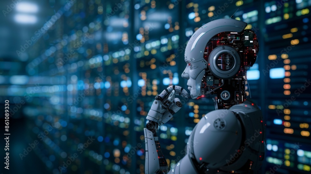 A humanoid robot with a futuristic design stands thoughtfully in a server room, highlighting advanced artificial intelligence technology. A humanoid robot with a futuristic design stands thoughtfully in a server room, highlighting advanced artificial intelligence technology.