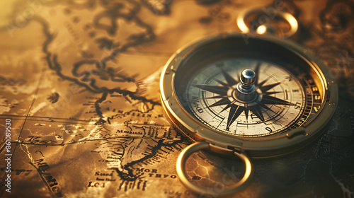 Old compass on vintage map Pirate and nautical theme grunge background : Generative AI