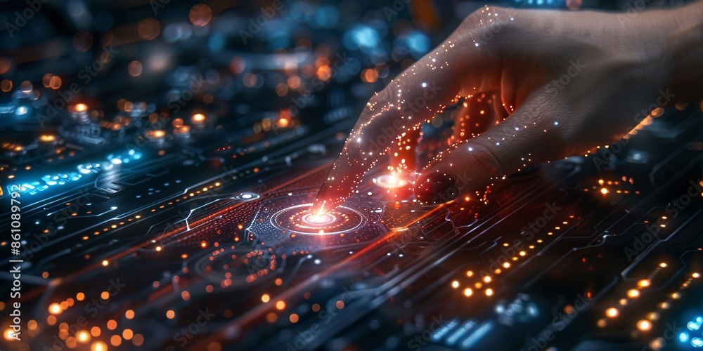 Hand interacts with digital interface in futuristic concept. Hand interacts with digital interface in futuristic concept.