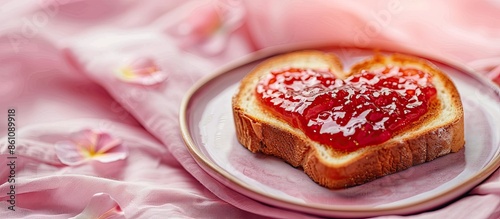 Toast on which the heart is made of jam. Surprise breakfast concept in bed. Romance for St. Valentine's Day pastel background. Copy space image. Place for adding text and design