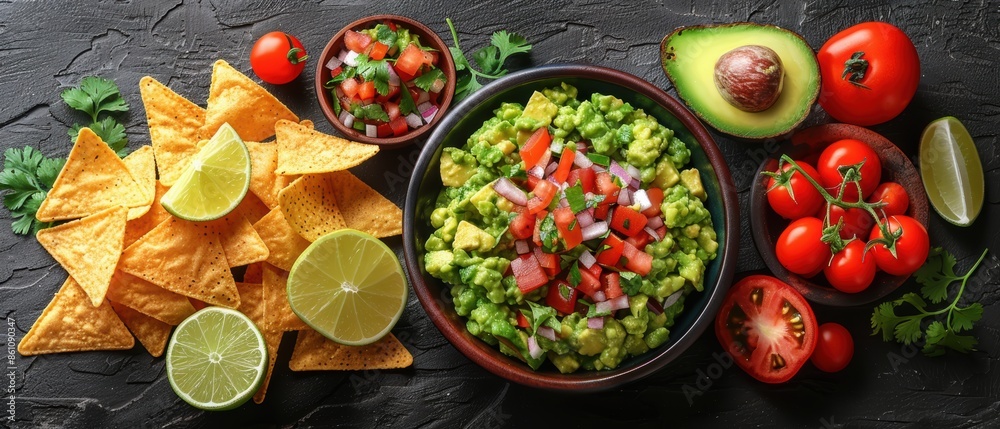 Vector art of a bowl of guacamole with tortilla chips and a variety of toppings. 
