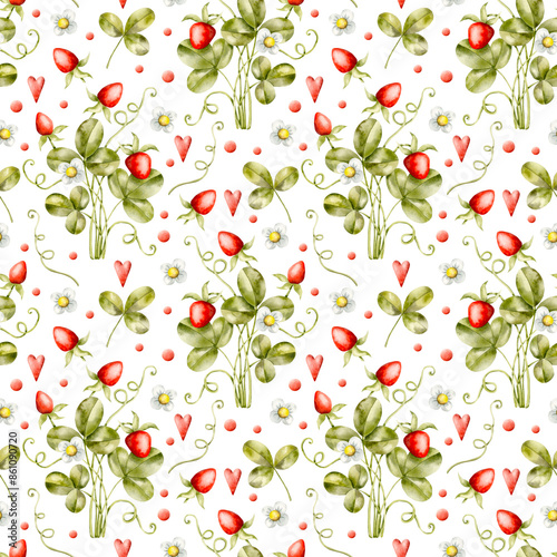 Hand-drawn, watercolor Seamless pattern with strawberry bushes on a white background. Cartoon berries illustration, in kids style