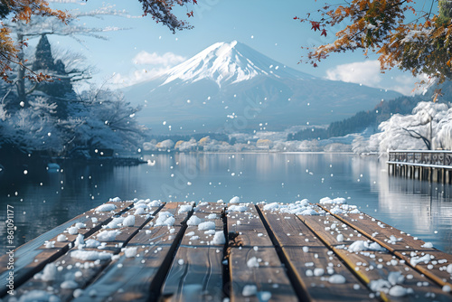 Empty wooden table in winter with fuji mountain 9