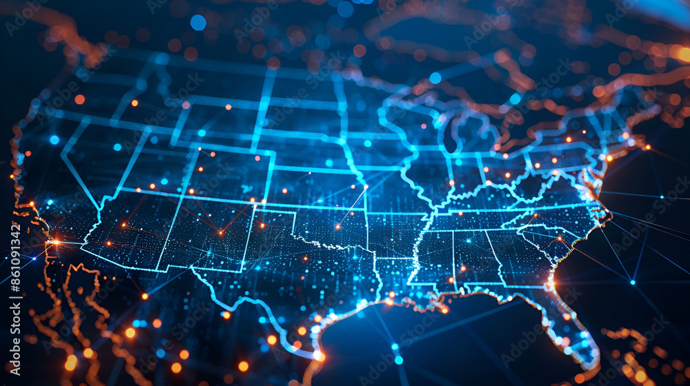 Fototapeta premium Abstract digital map of America, concept of American global network and connectivity, data transfer and cyber technology, information exchange and telecommunication