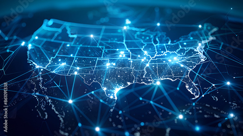 Abstract digital map of America, concept of American global network and connectivity, data transfer and cyber technology, information exchange and telecommunication