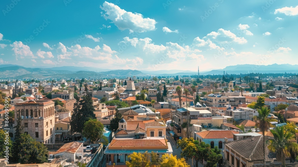Obraz premium Panoramic view of Nicosia Cyprus in a summer day. Aerial view Nicosia cityscape AI generated