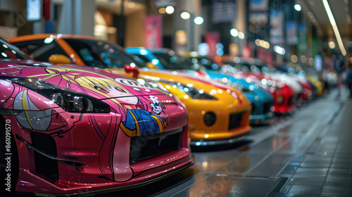 Itasha super cars wrapped in anime girls design at anime convention exhibition