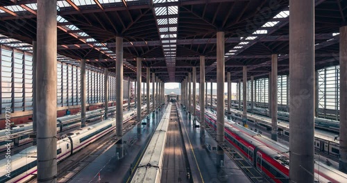 Atocha railway station platforms in Madrid during sunny day high Speed trains on the track. AVE, iryo, renfe, avlo, ouigo trans moving. Passenger traffic on the platform.