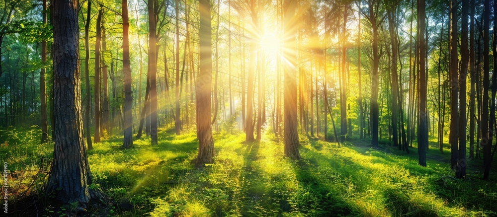 Fototapeta premium Beautiful forest panorama with bright sun shining through the trees. Copy space image. Place for adding text or design
