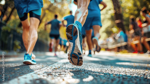 A close-up shot of a runners sneakers hitting the pavement during a city marathon. The runner is in the middle of a pack, with other runners blurred in the background