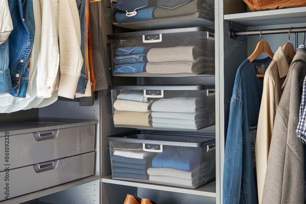 A well-organized closet with labeled storage bins hanging, showcasing neatness and order A well-organized closet with labeled storage bins hanging, showcasing neatness and order