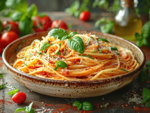 Vector art of a bowl of pasta with marinara sauce, basil, and grated Parmesan cheese. photo