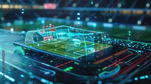 Immersive Futuristic Sports Betting Experience with Holographic Stadium Display and Mobile App Integration