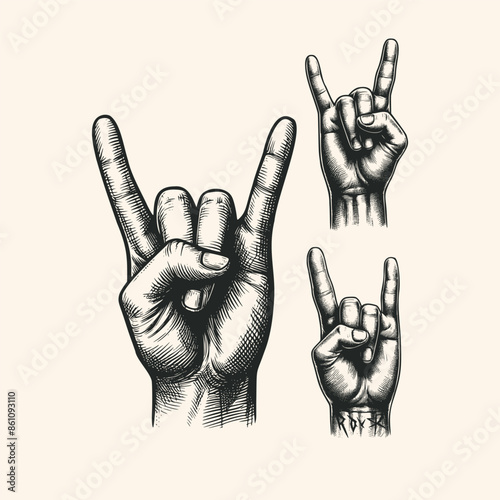 Vintage engraving isolated hand rock sign set ink sketch. devil horn sign illustration