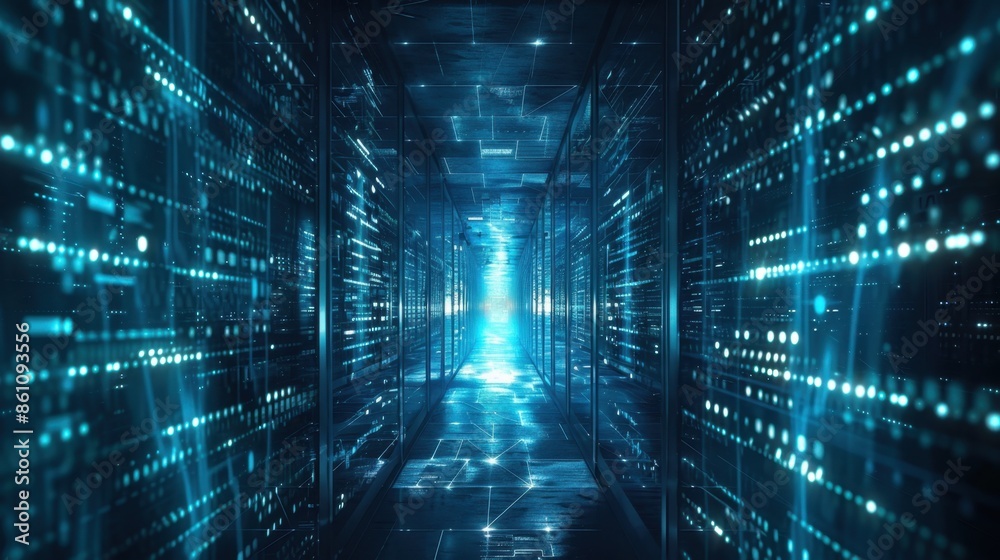 Blue streams of digital code and data flow through a high-tech corridor, converging at a bright light, illustrating the concept of a data highway.
Blue streams of digital code and data flow through a high-tech corridor, converging at a bright light, illustrating the concept of a data highway.