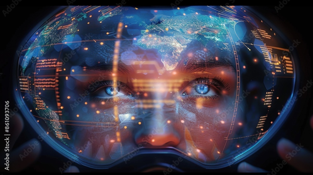 A person looking through a digital display with a world map and data overlays, symbolizing the intersection of virtual reality and global information.
A person looking through a digital display with a world map and data overlays, symbolizing the intersection of virtual reality and global information.
