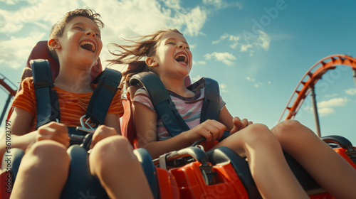 Two children are riding a roller coaster and laughing in fear. Brother and sister have fun at the amusement park on a sunny summer day photo