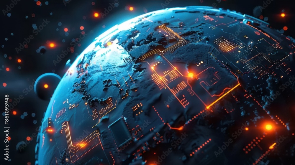A high-tech, glowing planet with intricate circuits and structures, floating in a cosmic space scene.
A high-tech, glowing planet with intricate circuits and structures, floating in a cosmic space scene.