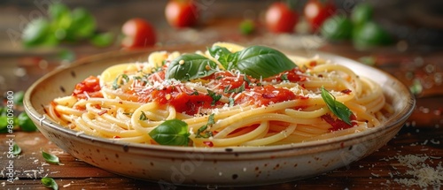 Vector art of a bowl of pasta with marinara sauce, basil, and grated Parmesan cheese. photo