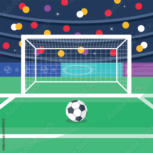 Soccer ball and goal on stadium. Vector illustration in flat style.