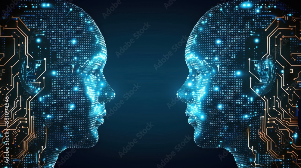 Obraz premium Digital profiles with circuitry and binary code elements facing each other, symbolizing AI communication. 