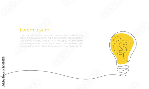 Web banner or landing page with One continuous line drawing of light bulb with dollar sign