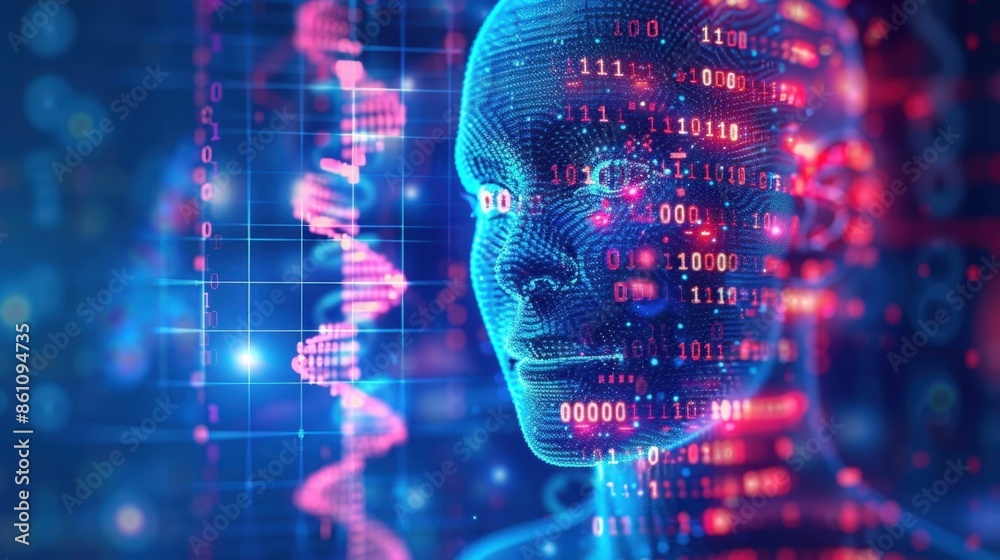 A digital human face with a DNA helix and binary code, symbolizing the fusion of technology and genetics.
A digital human face with a DNA helix and binary code, symbolizing the fusion of technology and genetics.