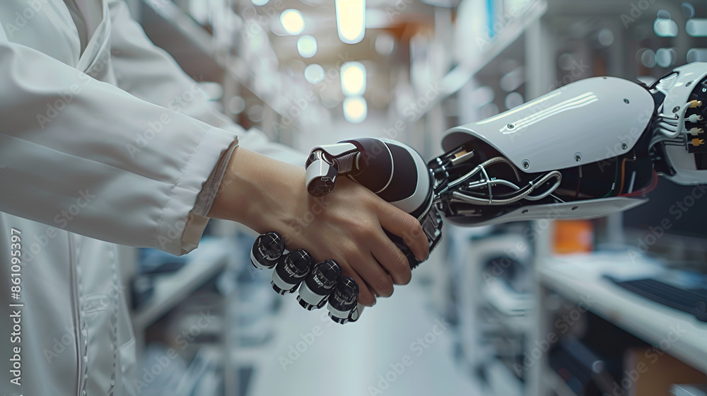 Handshake between human and robot in a research lab, working together ...