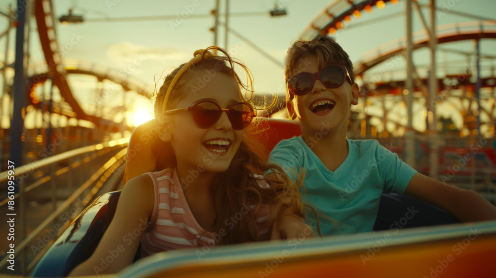 Two stylish, beautiful children in sunglasses ride a roller coaster and smile. Weekend at the amusement park. The sun is setting in the background Two stylish, beautiful children in sunglasses ride a roller coaster and smile. Weekend at the amusement park. The sun is setting in the background