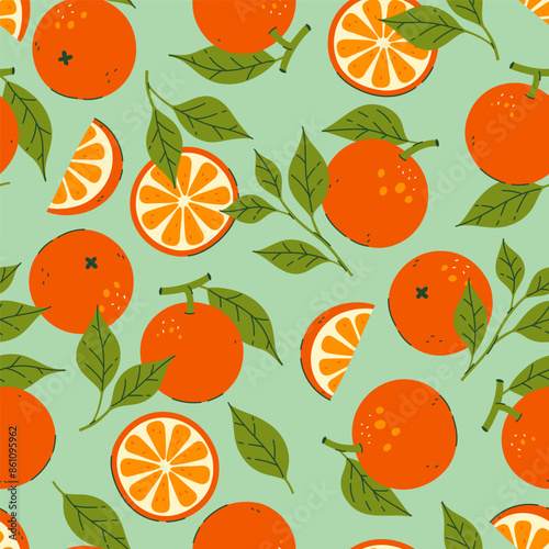Bright seamless pattern of oranges on a light green background. Vector graphics.