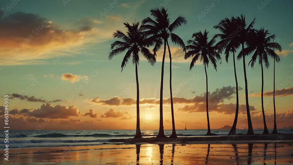Artistic summer collage with palm trees and beach scenery in sunset hues blending vintage charm with vibrant tropical colors and textures Artistic summer collage with palm trees and beach scenery in sunset hues blending vintage charm with vibrant tropical colors and textures