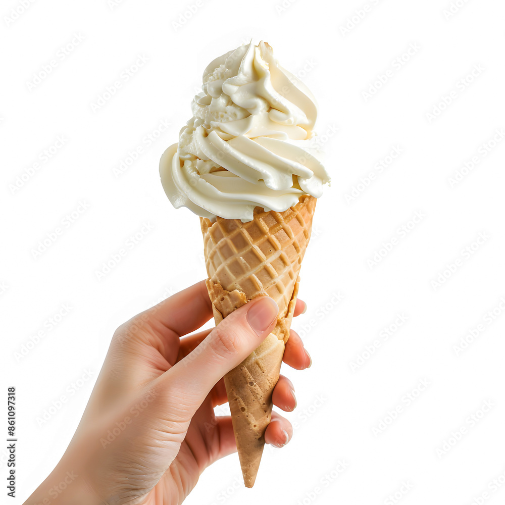 Hand holding a delicious vanilla soft serve ice cream cone against a white background. Perfect for summer and dessert themes. Hand holding a delicious vanilla soft serve ice cream cone against a white background. Perfect for summer and dessert themes.