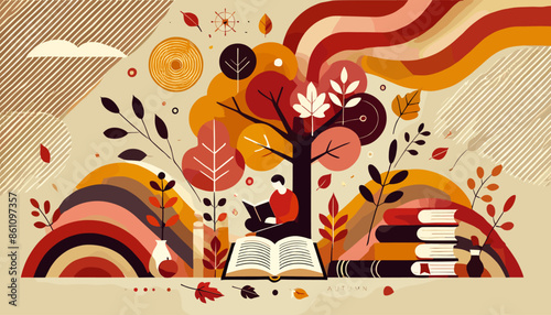 Concept of the image of autumn reading . Vector illustration.
