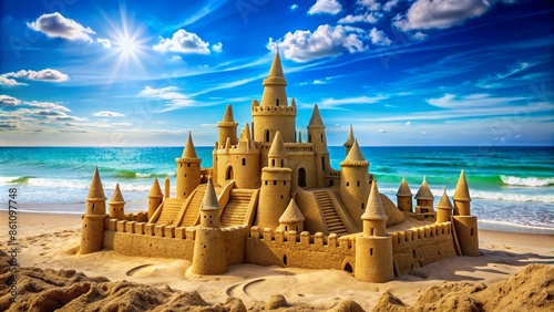 Sandcastle with multiple turrets and a moat, set against a sparkling blue sea © Kukar Studio